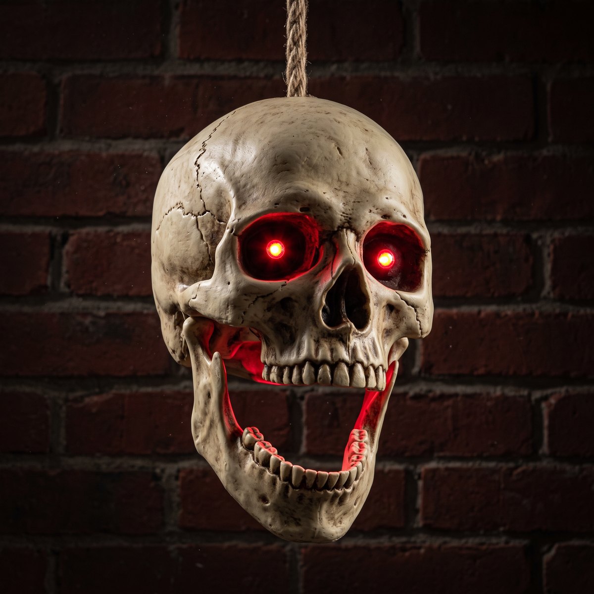 Mr. Skully Bones: an animatronic skeleton skull with glowing red eyes and an open jaw, hanging against a brick wall